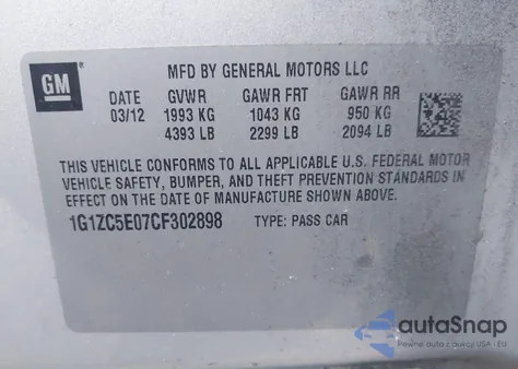 2012 Chevrolet Malibu 1Lt из США, поврежденный, VIN 1G1ZC5E07CF302898